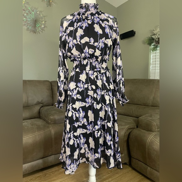 ROMANTIC NWT O.P.T. Black Sheer Purple Floral Patterned Dress Sz XS - Picture 3 of 16
